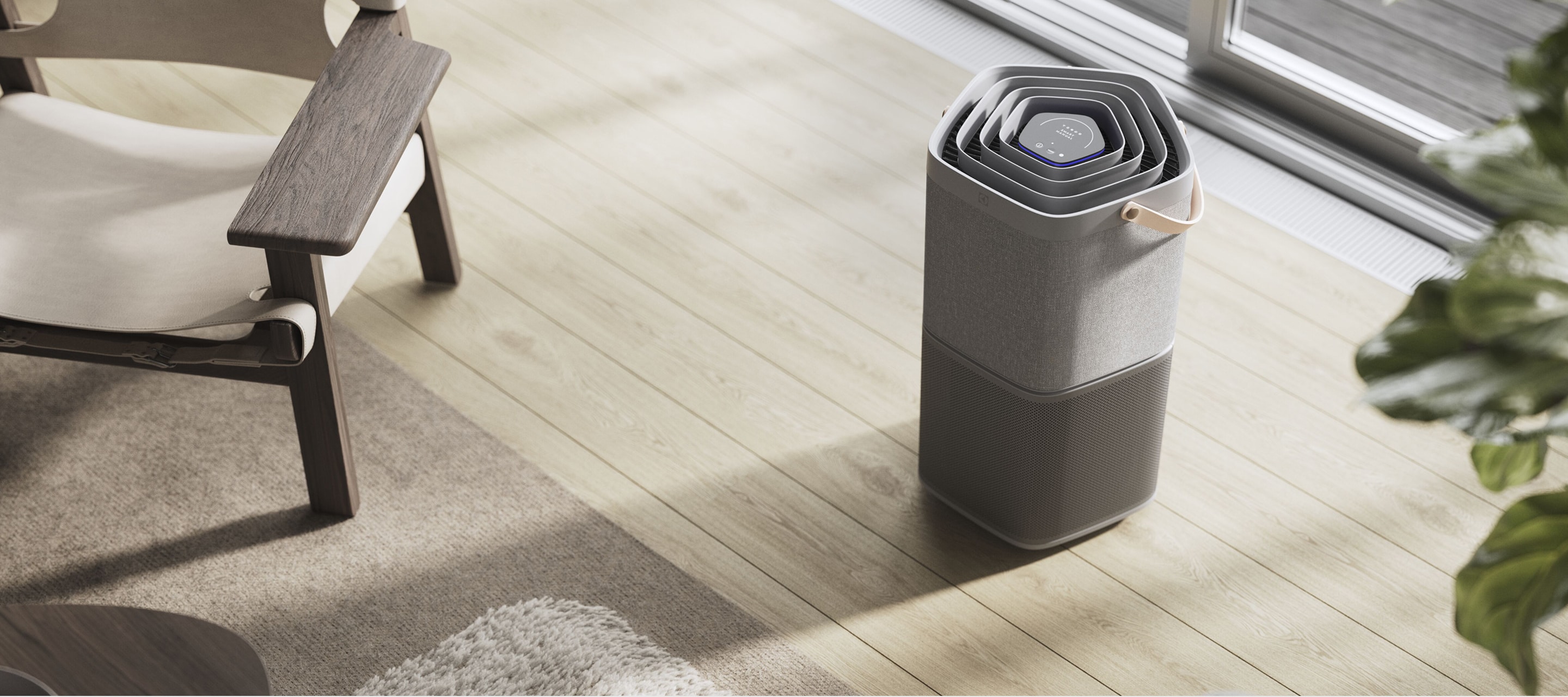 Szürke légtisztító a padlón.